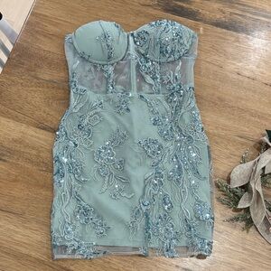 Lulu's Strapless Green Embroidered Dress